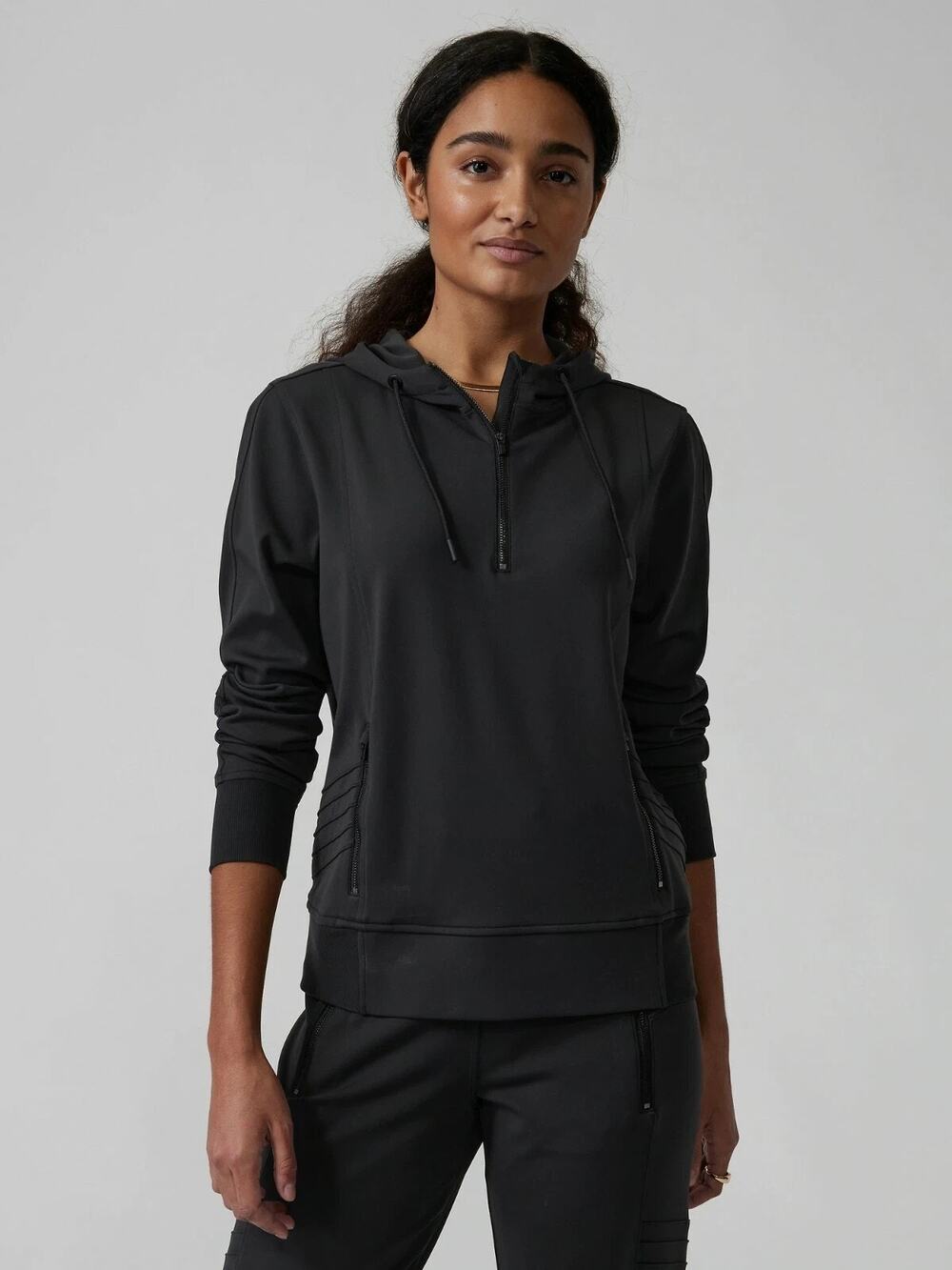 Athleta NEW Black Venice Moto Hoodie Sweatshirt Quarter Zip Travel Lightweight M